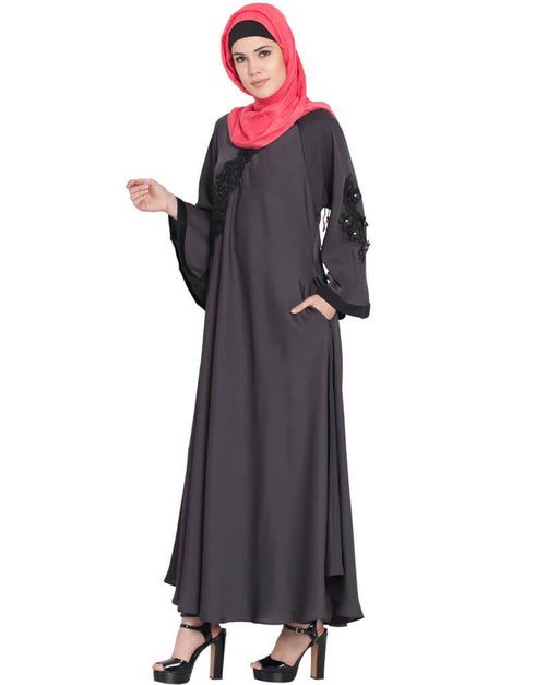 Islamic Embroidered Patch Umbrella Grey Abaya Grey