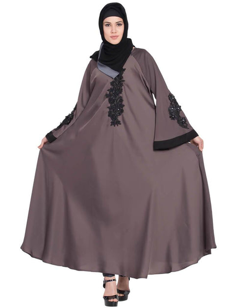 Women Embroidered Patch Umbrella Coffee Brown Abaya Brown