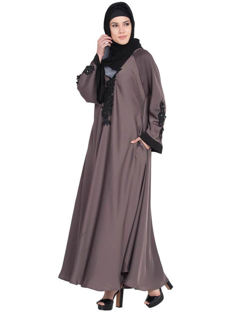 Women Embroidered Patch Umbrella Coffee Brown Abaya Brown