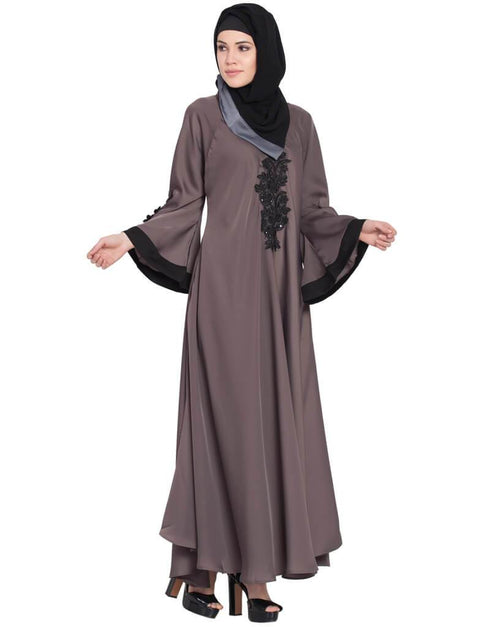 Women Embroidered Patch Umbrella Coffee Brown Abaya Brown
