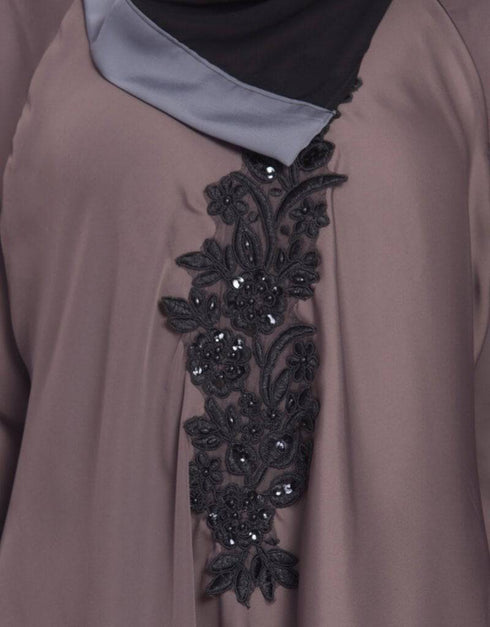 Women Embroidered Patch Umbrella Coffee Brown Abaya Brown