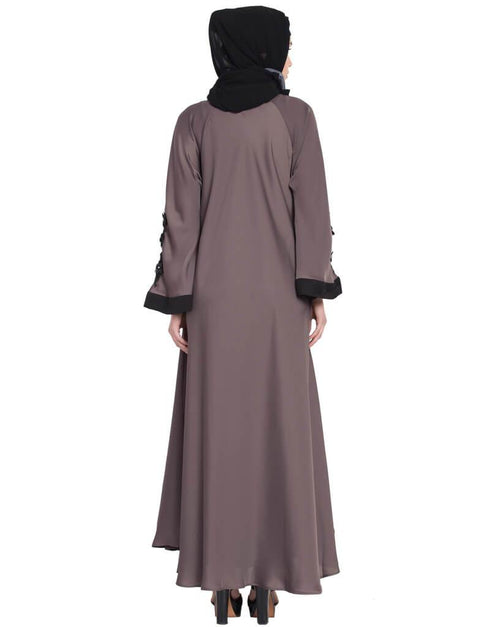 Women Embroidered Patch Umbrella Coffee Brown Abaya Brown