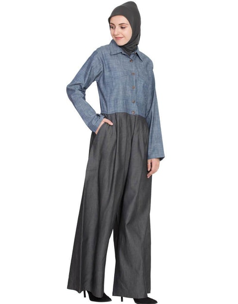 Chic Denim Pant chambray shirt front open pant Abaya Blue