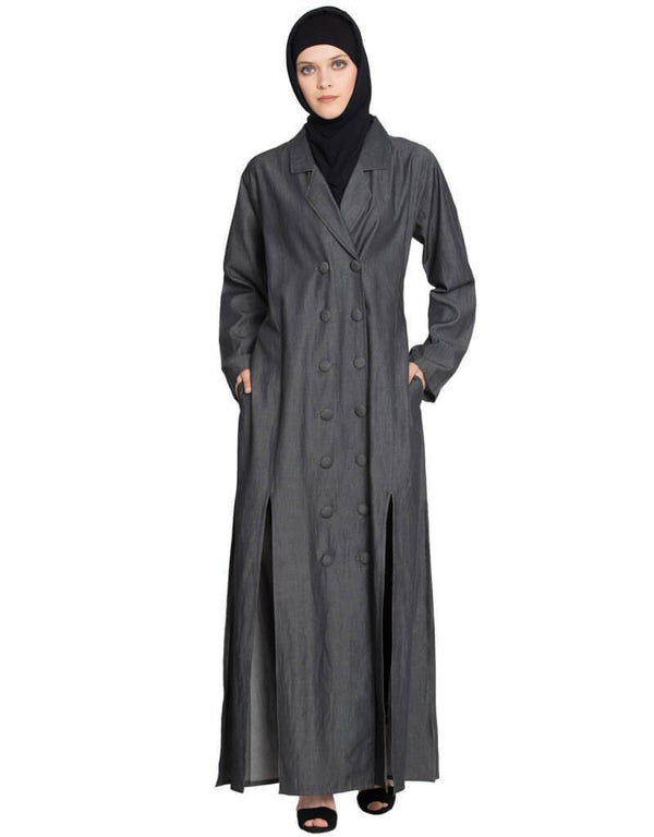 Muslimah double breasted Front two Slit Denim front open Jilbab Blue
