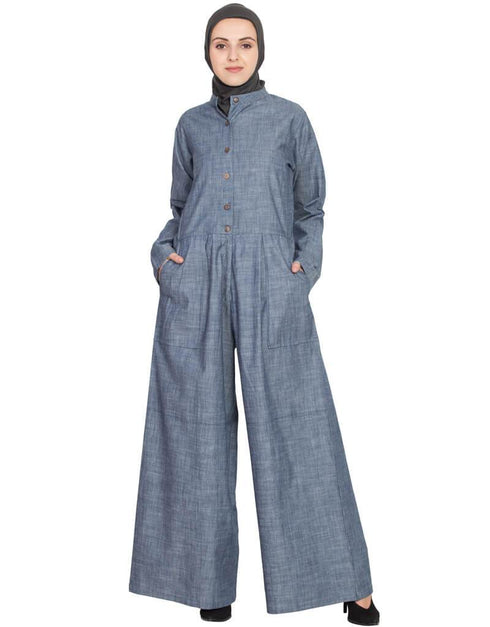 Muslim cotton chambray patch pocket pant Abaya Blue