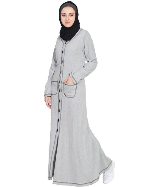 Trendy Front open Contrast stitching Travel cardigan Abaya Silver