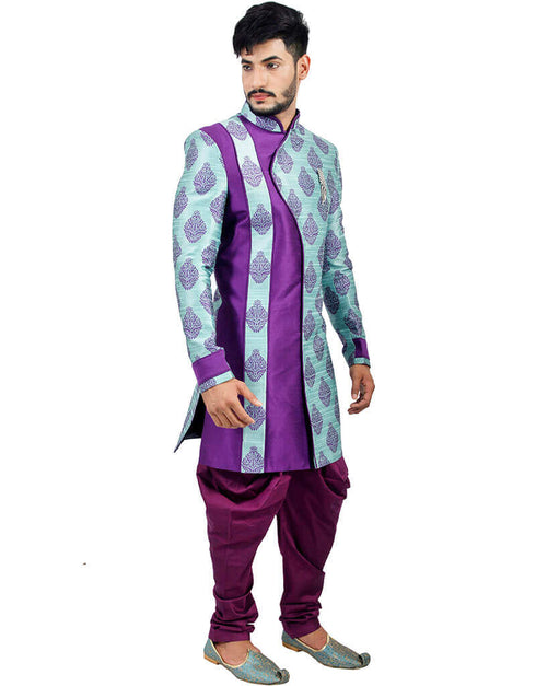Island Lagoon With Purple Indo western Silk Brocade Dhoti Closure View