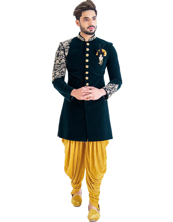 Bottle Green Indo western Velvet Dhoti