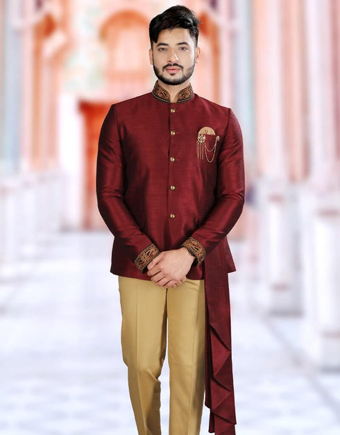 Maroon Jodhpuri Art work Silk Pant Closure View