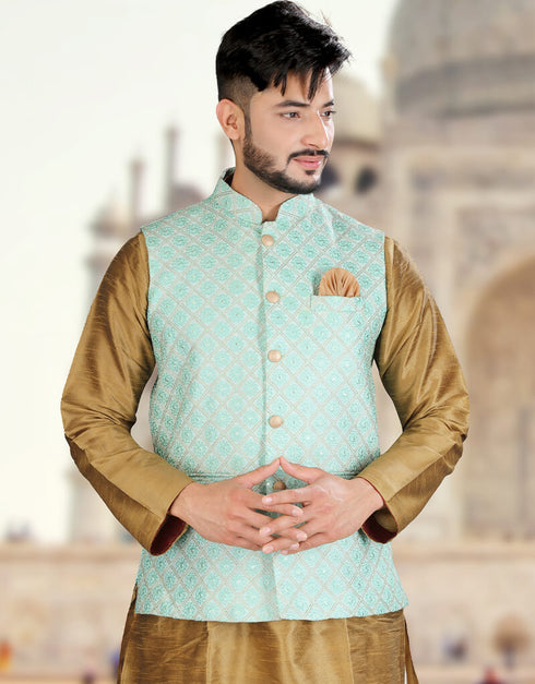 Khakhi Golden Kurta Art Silk Chudidaar Closure View