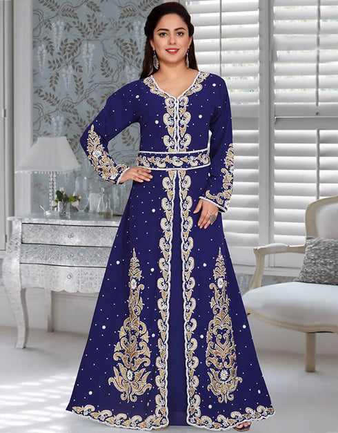 Modern Dark Blue Pearl Decorated Moroccan Kaftan