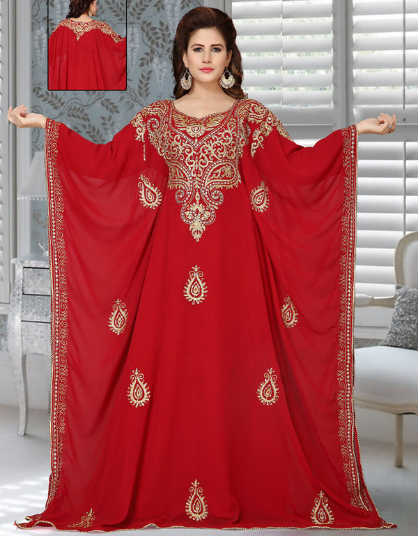 Modest Red Heavy Embroidery Worked Georgette Farasha