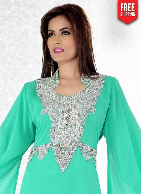 Medium Aquamarine Trendy Bell Sleeve Farasha Kaftan