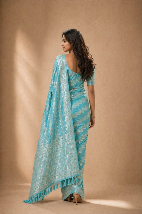 Aqua Blue Georgette Saree With Blouse - Back View | Samyak Fashion