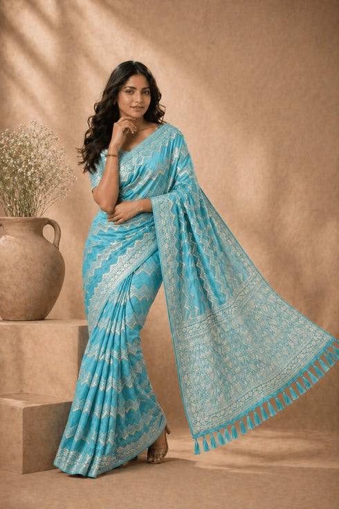 Aqua Blue Georgette Saree With Blouse - Detail View | Samyak Fashion