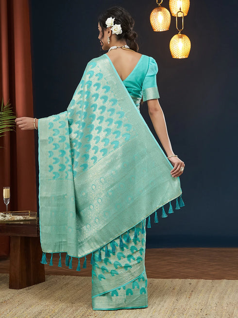 Aqua Blue Georgette Saree With Blouse - Back View | Samyak Fashion