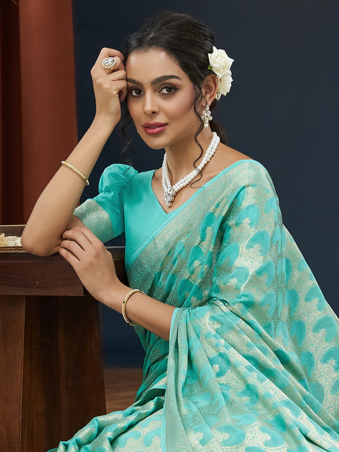 Aqua Blue Georgette Saree With Blouse - Side View | Samyak Fashion