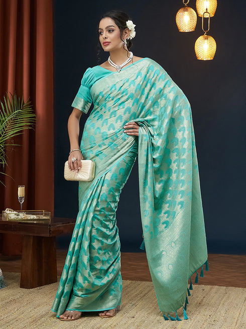 Aqua Blue Georgette Saree With Blouse - Detail View | Samyak Fashion