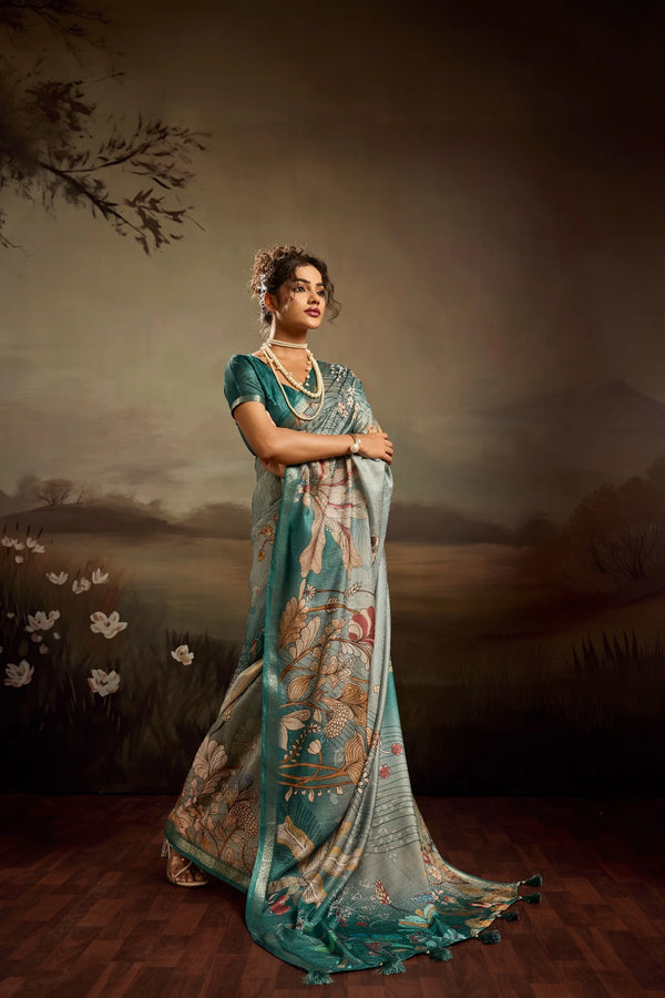 Aqua Green Jacquard Elegant Party Wear Saree Collection With Blouse - Front View | Samyak Fashion