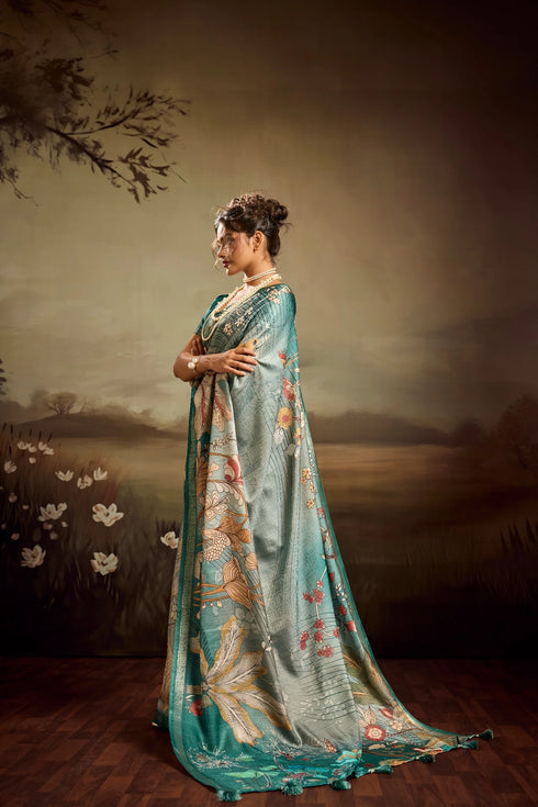 Aqua Green Jacquard Elegant Party Wear Saree Collection With Blouse - Back View | Samyak Fashion