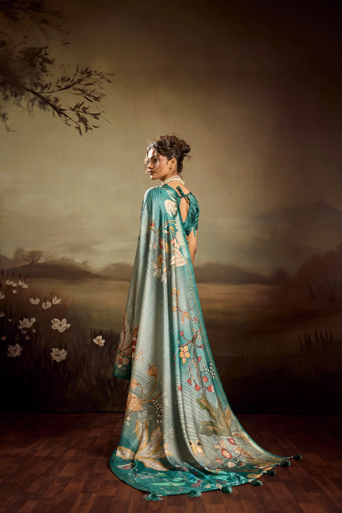 Aqua Green Jacquard Elegant Party Wear Saree Collection With Blouse - Side View | Samyak Fashion