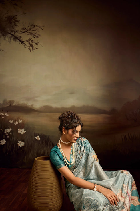 Aqua Green Jacquard Elegant Party Wear Saree Collection With Blouse - Detail View | Samyak Fashion