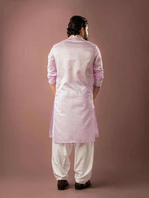 Baby Pink Linen Mens Kurta With Payjama - Back View | Samyak Fashion
