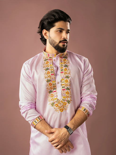 Baby Pink Linen Mens Kurta With Payjama - Side View | Samyak Fashion