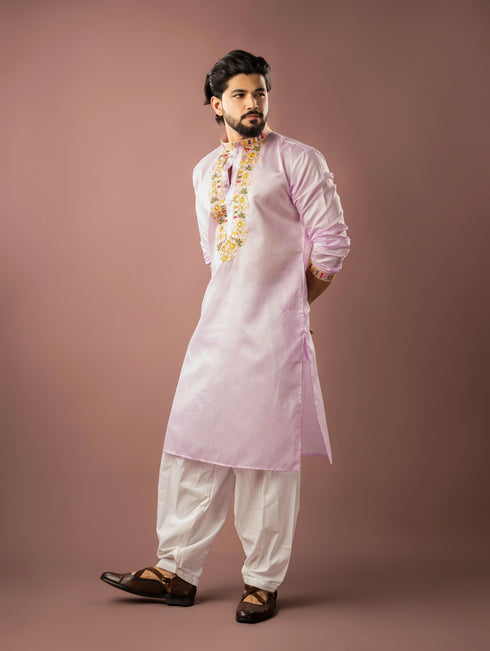 Baby Pink Linen Mens Kurta With Payjama - Detail View | Samyak Fashion