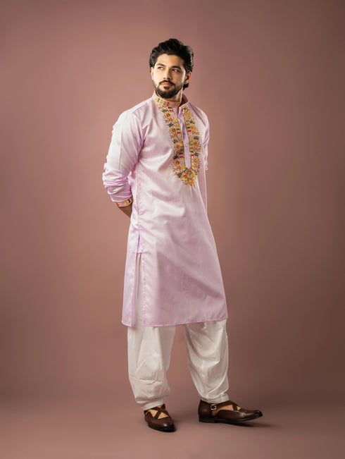 Baby Pink Linen Mens Kurta With Payjama - Close-up View | Samyak Fashion