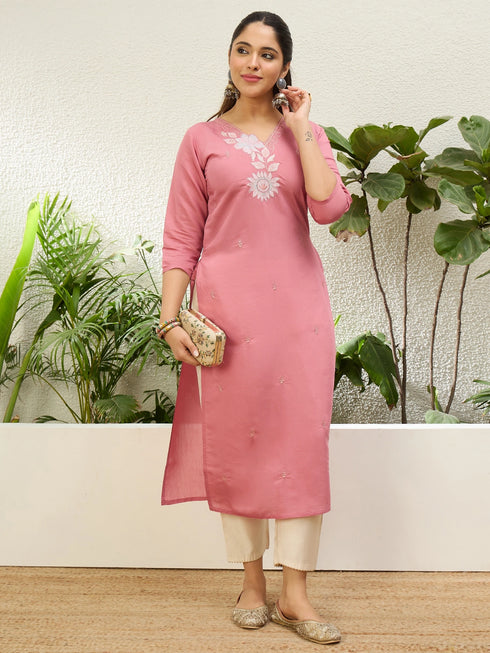 Baby Pink Silk Blend Long Kurti. - Front View | Samyak Fashion