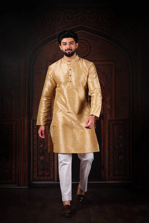 Beige Art Silk Mens Kurta With Payjama - Front View | Samyak Fashion