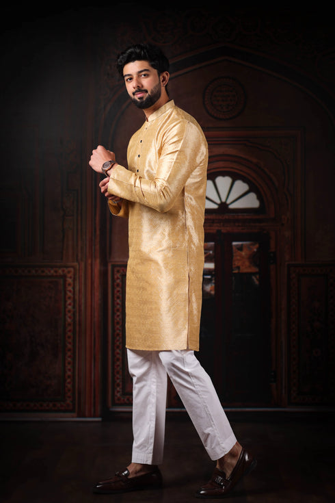 Beige Art Silk Mens Kurta With Payjama - Detail View | Samyak Fashion