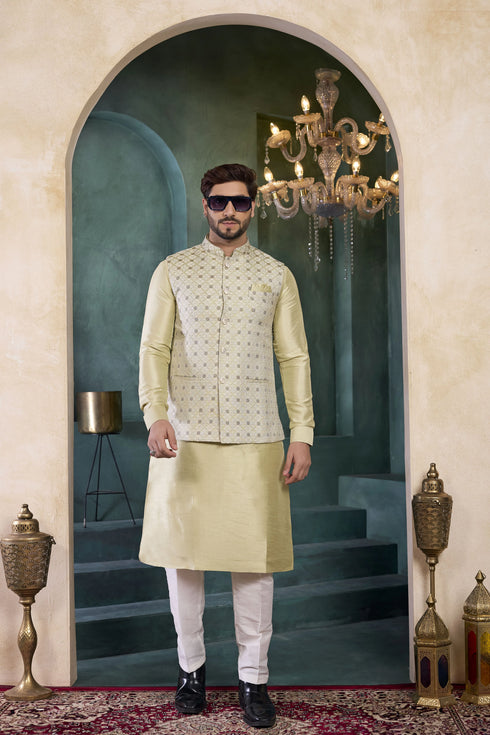 Beige Banarasi Silk Mens Mans - Side View | Samyak Fashion