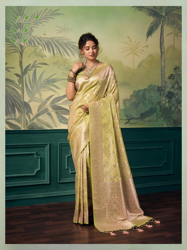 Beige Banarasi Silk Party Wear Saree With Blouse - Front View | Samyak Fashion