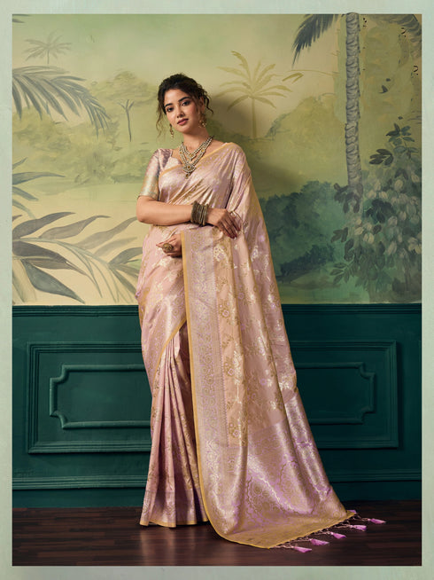 Beige Banarasi Silk Party Wear Saree With Blouse - Front View | Samyak Fashion