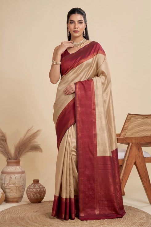 Beige Banarasi Soft Silk Elegant Party Wear Saree Collection With Blouse - Back View | Samyak Fashion