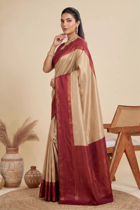 Beige Banarasi Soft Silk Elegant Party Wear Saree Collection With Blouse - Side View | Samyak Fashion