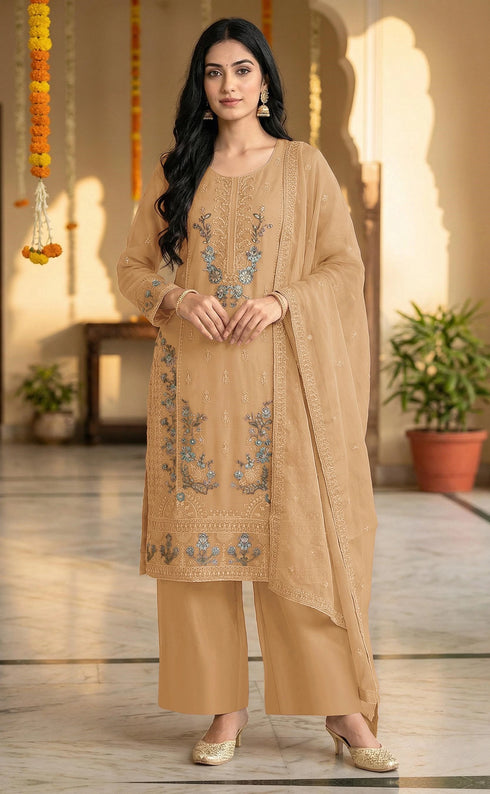 Beige Chiffon Salwar Suit - Front View | Samyak Fashion