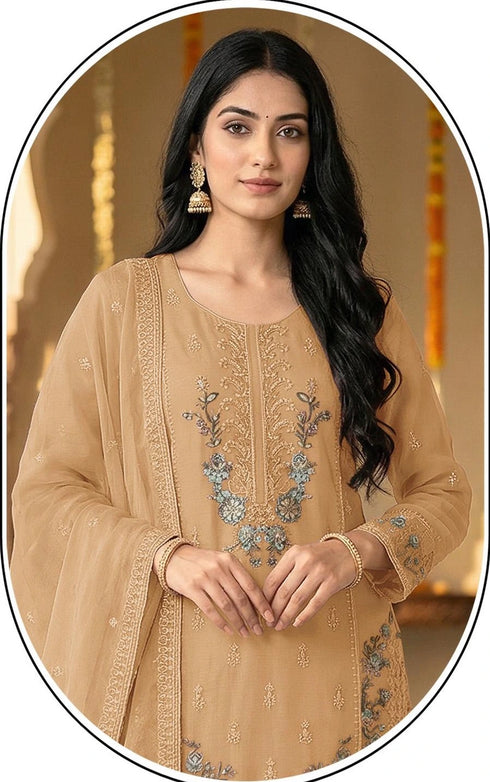 Beige Chiffon Salwar Suit - Back View | Samyak Fashion
