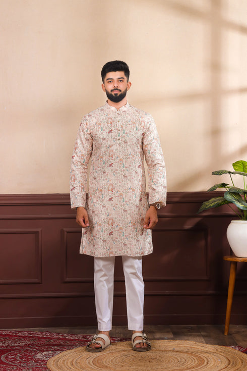 Beige Cotton Mens Kurta With Payjama - Front View | Samyak Fashion