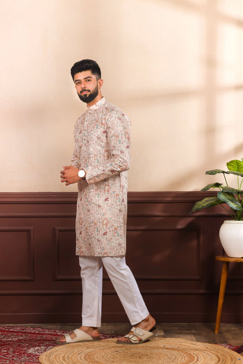 Beige Cotton Mens Kurta With Payjama - Detail View | Samyak Fashion