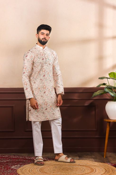 Beige Cotton Mens Kurta With Payjama - Close-up View | Samyak Fashion