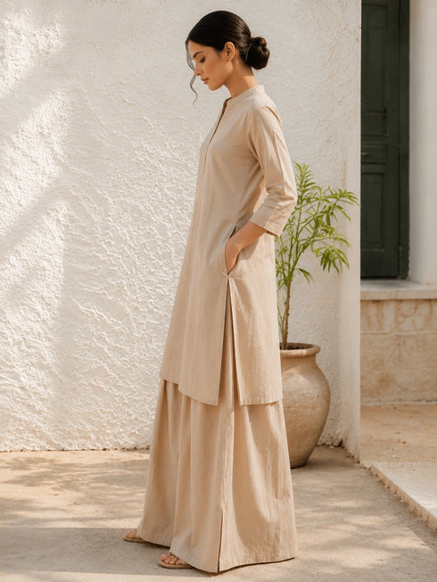 Beige Cotton Top Bottom - Back View | Samyak Fashion