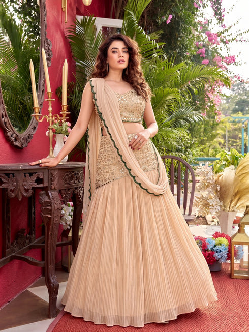 Beige Faux Georgette Elegant Party Wear Saree Collection With Blouse - Front View | Samyak Fashion