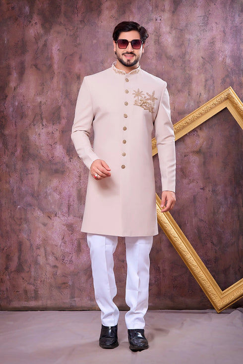 Beige Imported Lachka Fabric Mens Premium Men's Indo Western - Front View | Samyak Fashion