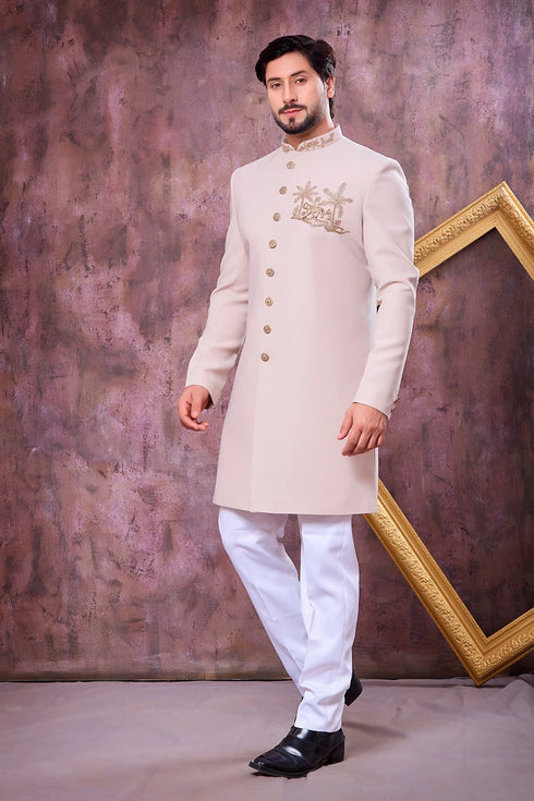 Beige Imported Lachka Fabric Mens Premium Men's Indo Western - Back View | Samyak Fashion