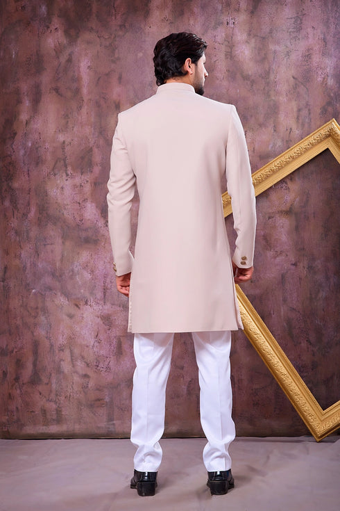 Beige Imported Lachka Fabric Mens Premium Men's Indo Western - Side View | Samyak Fashion