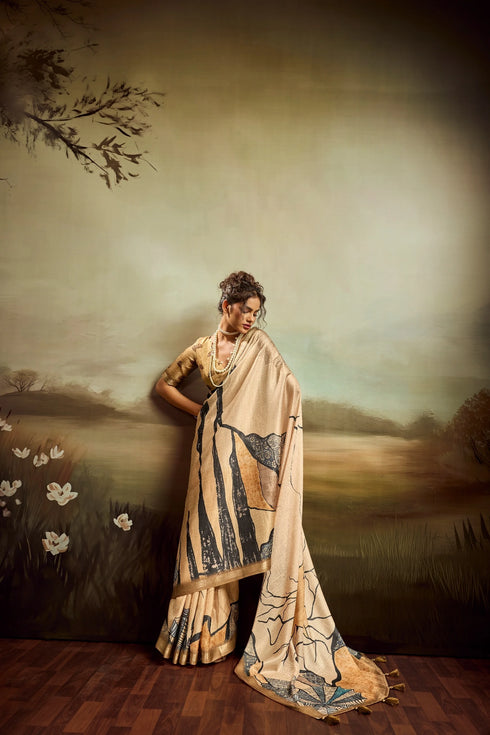 Beige Jacquard Elegant Party Wear Saree Collection With Blouse - Front View | Samyak Fashion