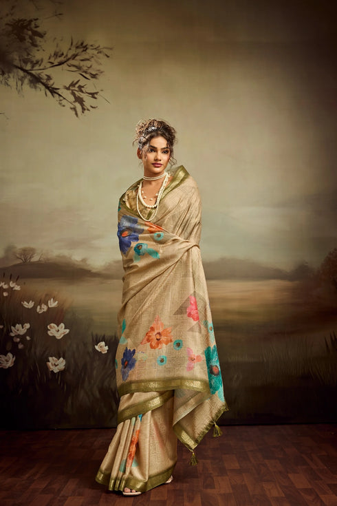 Beige Jacquard Elegant Party Wear Saree Collection With Blouse - Front View | Samyak Fashion